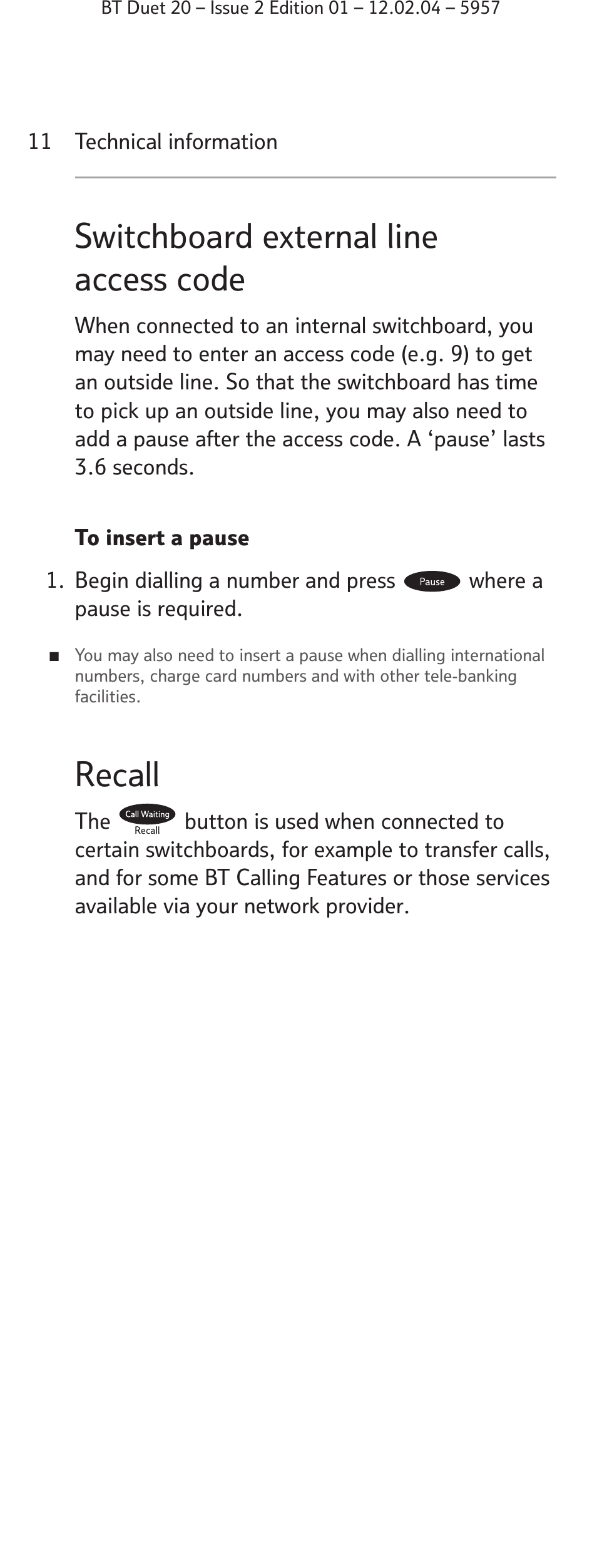 Switchboard external line access code, Recall | BT Duet 20 User Manual | Page 11 / 12