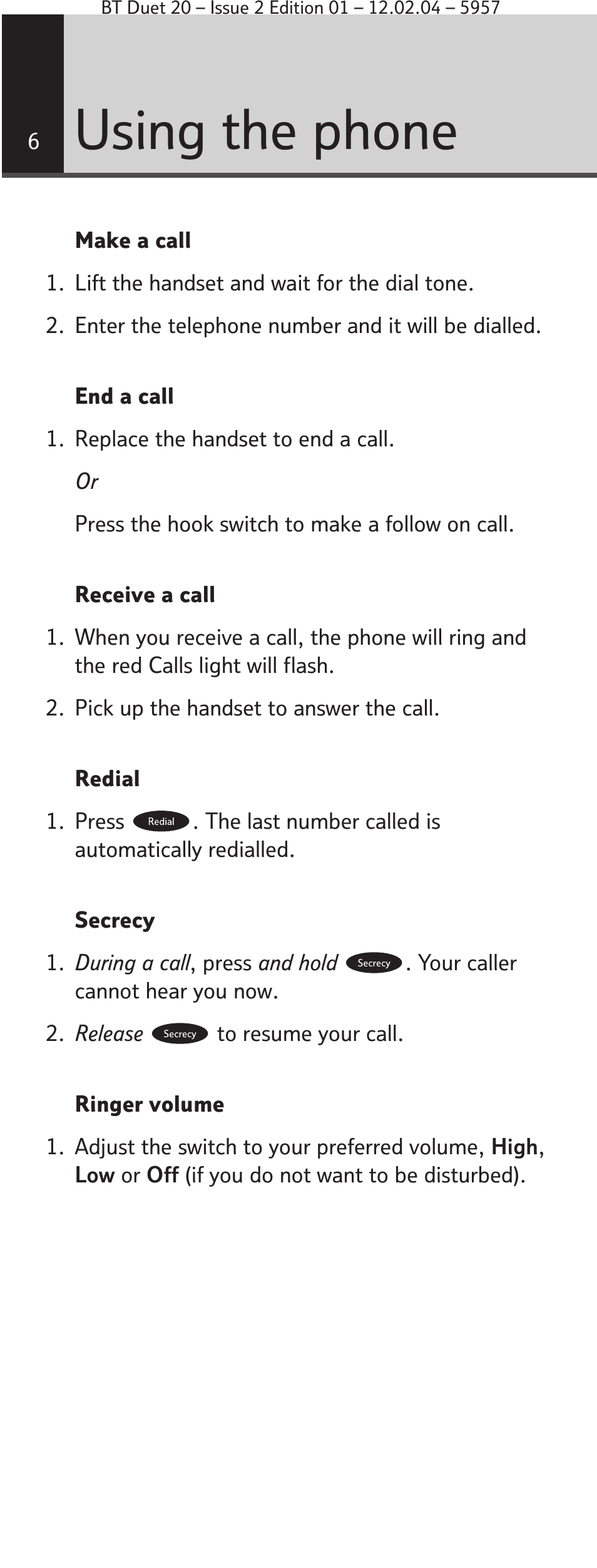 Using the phone | BT Duet 20 User Manual | Page 6 / 12