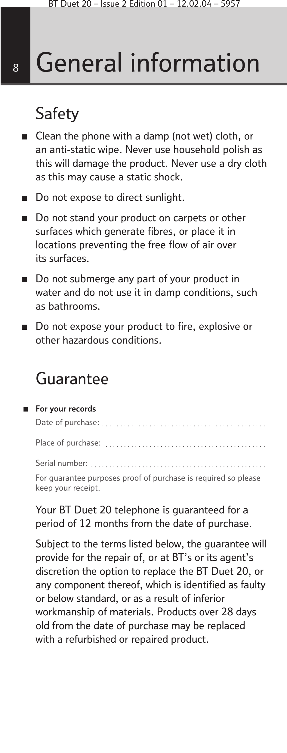 General information, Safety, Guarantee | BT Duet 20 User Manual | Page 8 / 12