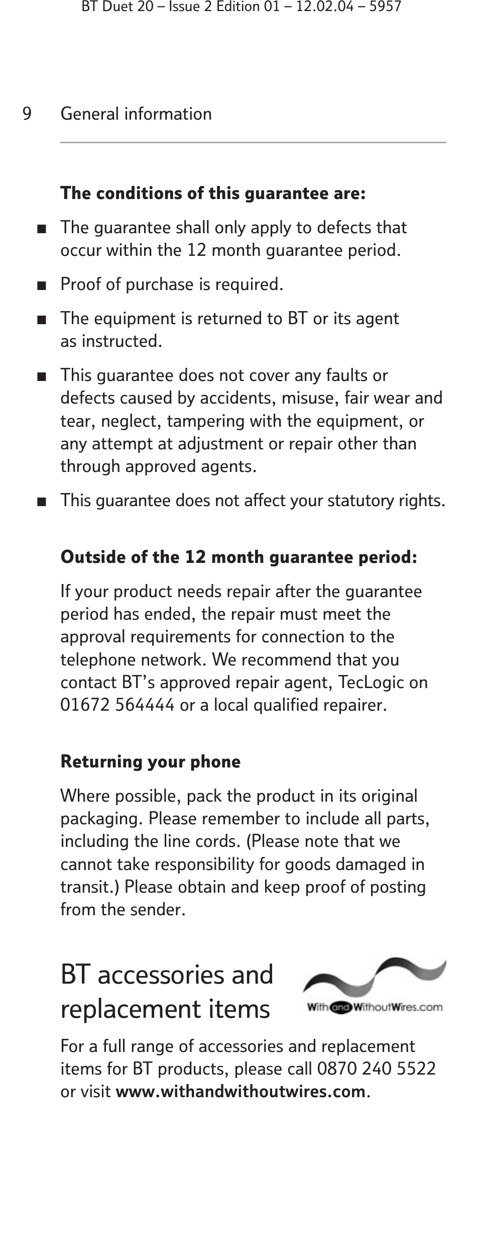 Bt accessories and replacement items | BT Duet 20 User Manual | Page 9 / 12