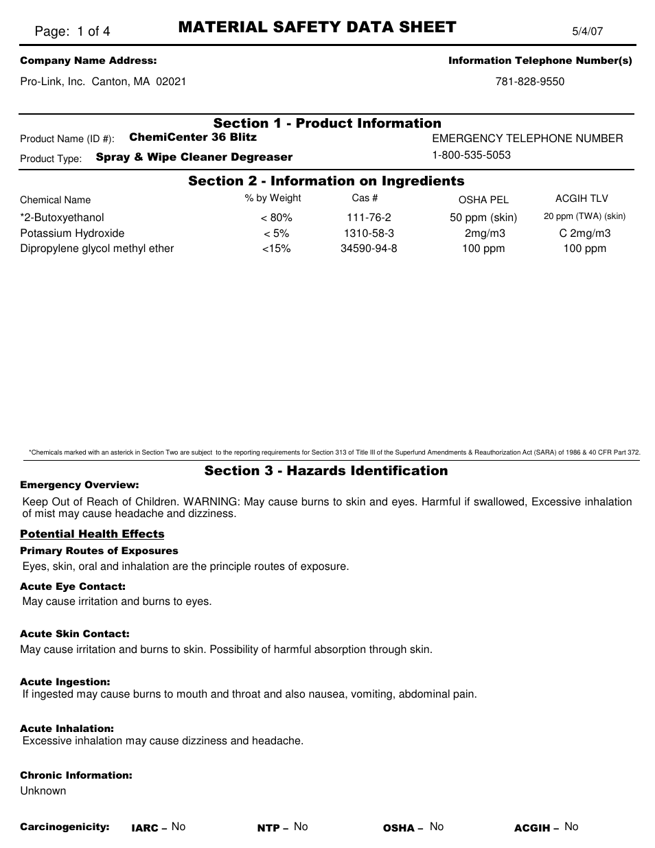 Pro-Link ChemiCenter #36 Blitz D10999 User Manual | 4 pages