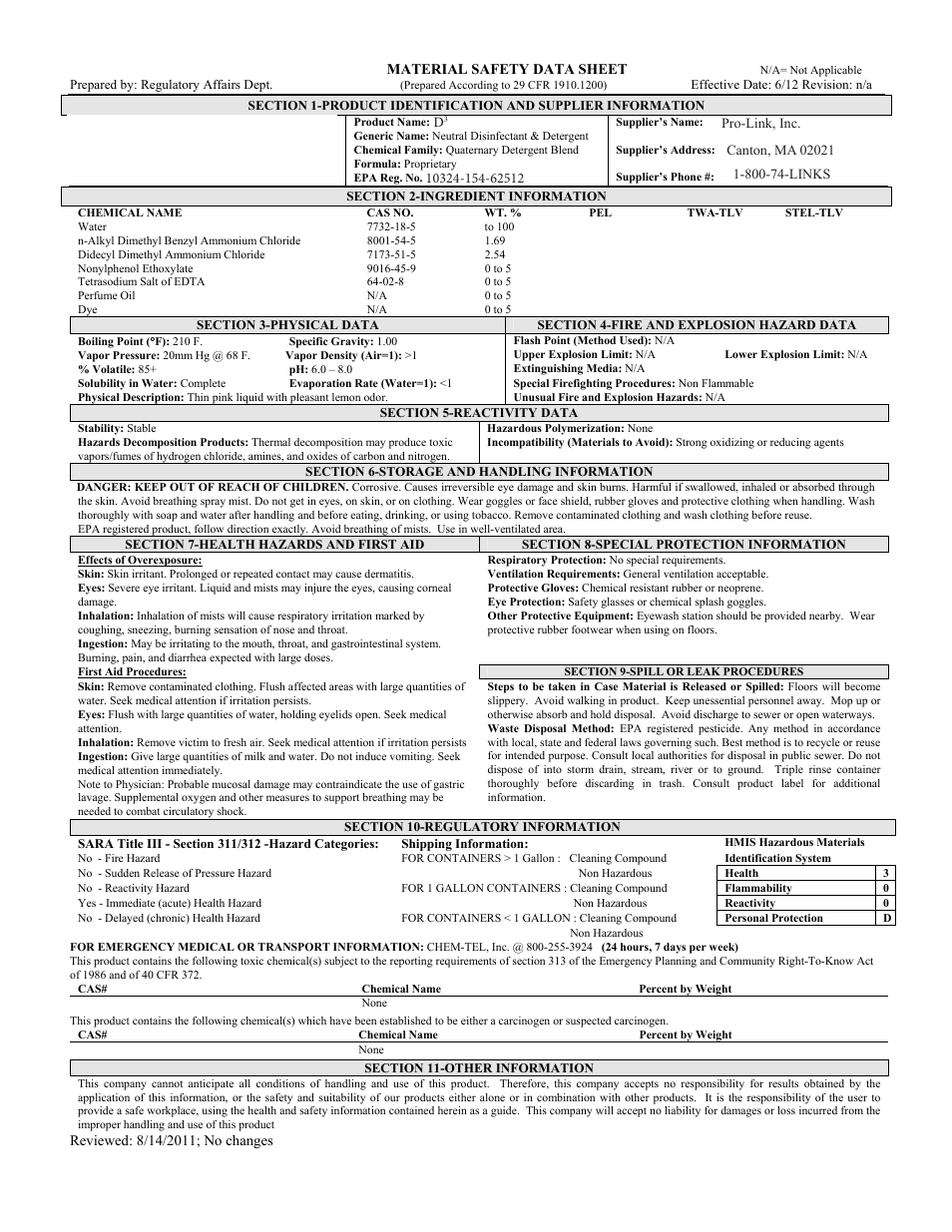 Pro-Link D3 Neutral Disinfectant & Detergent B14092 User Manual | 1 page