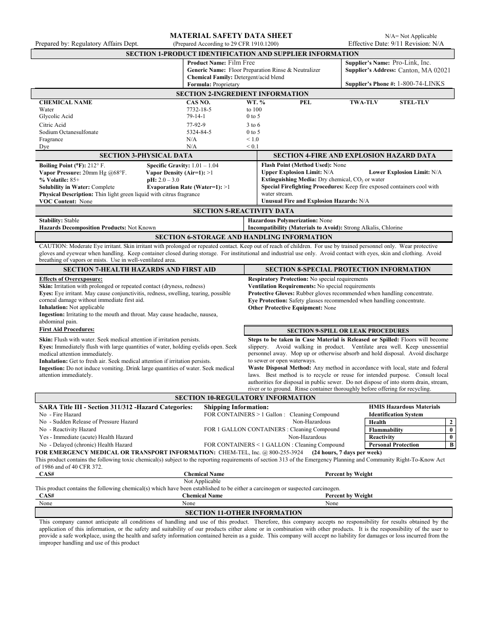 Pro-Link Film Free Rinse and Neutralizer B14053 User Manual | 1 page