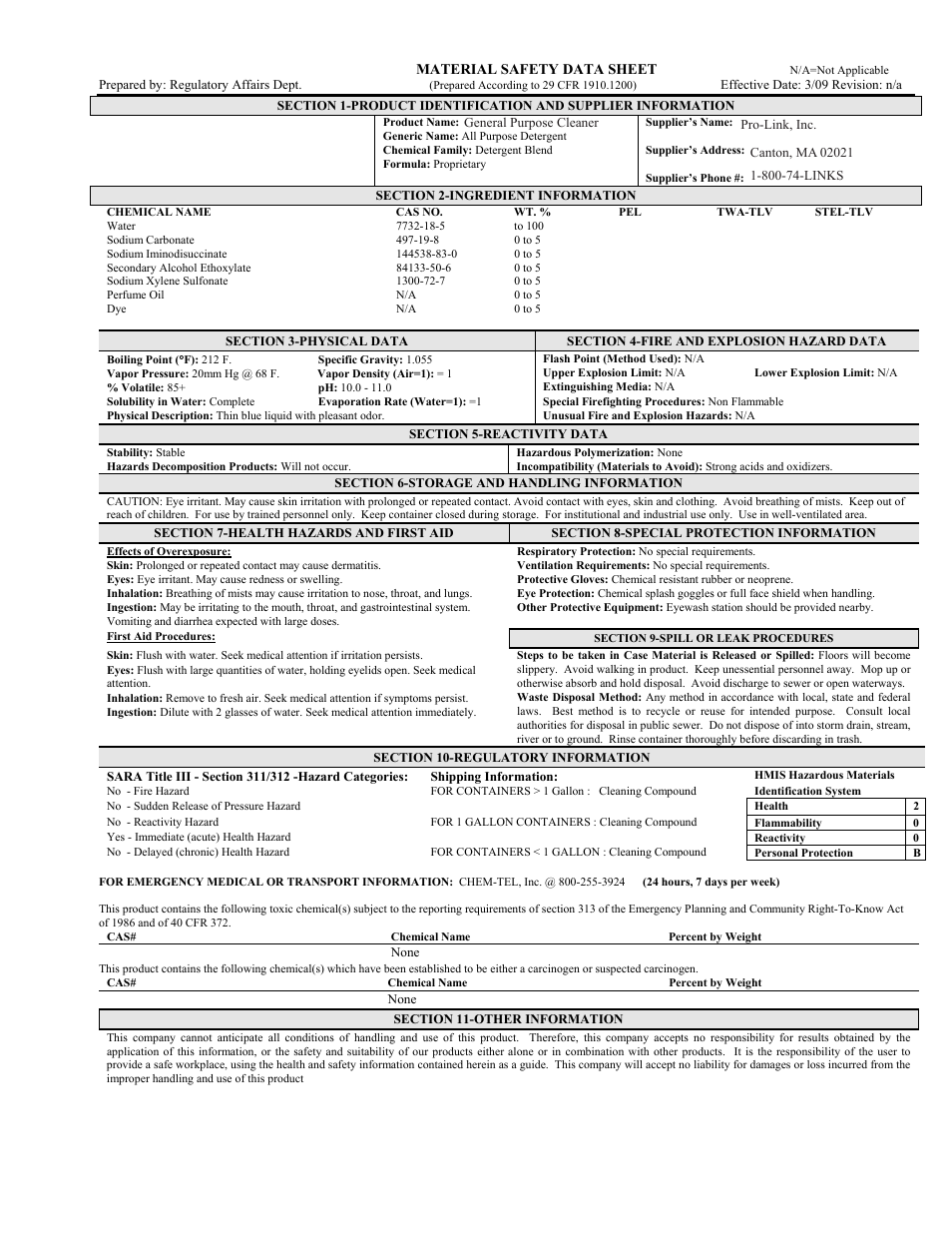 Pro-Link #10 General Purpose Cleaner B14207 User Manual | 1 page