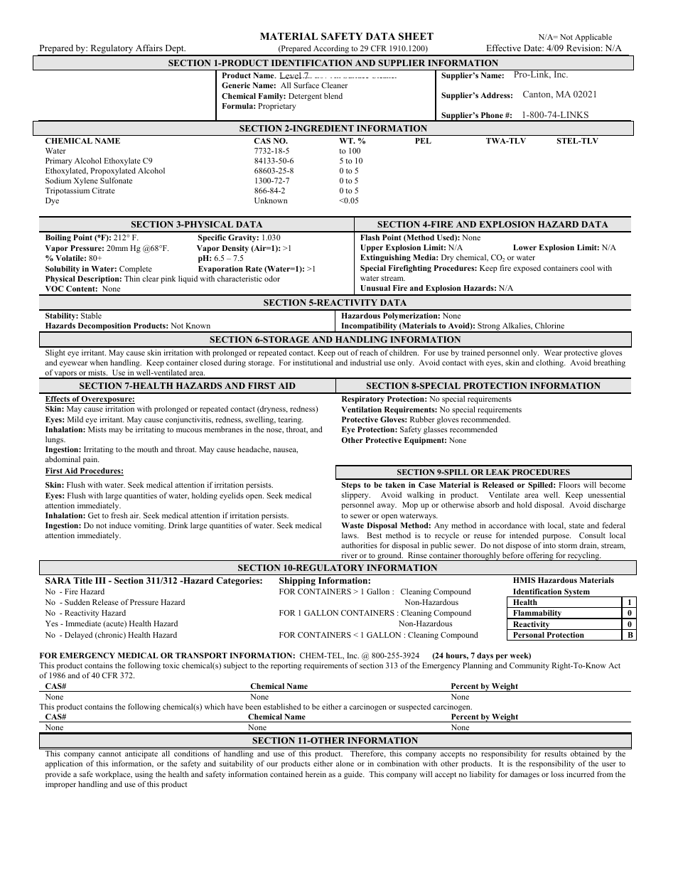 Pro-Link Level 7All Surface Cleaner B14594 User Manual | 1 page