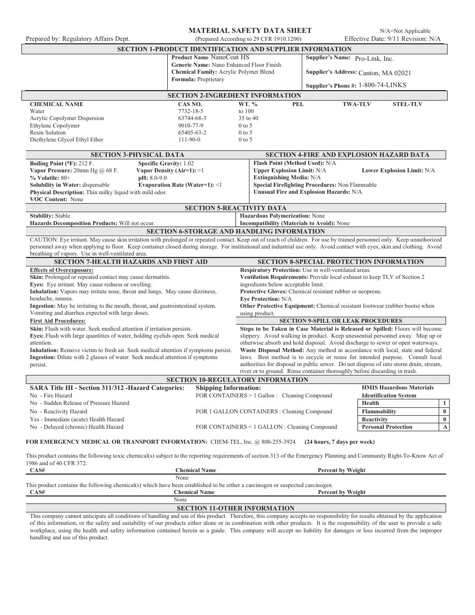 Pro-Link NanoCoat HS B14607 User Manual | 1 page