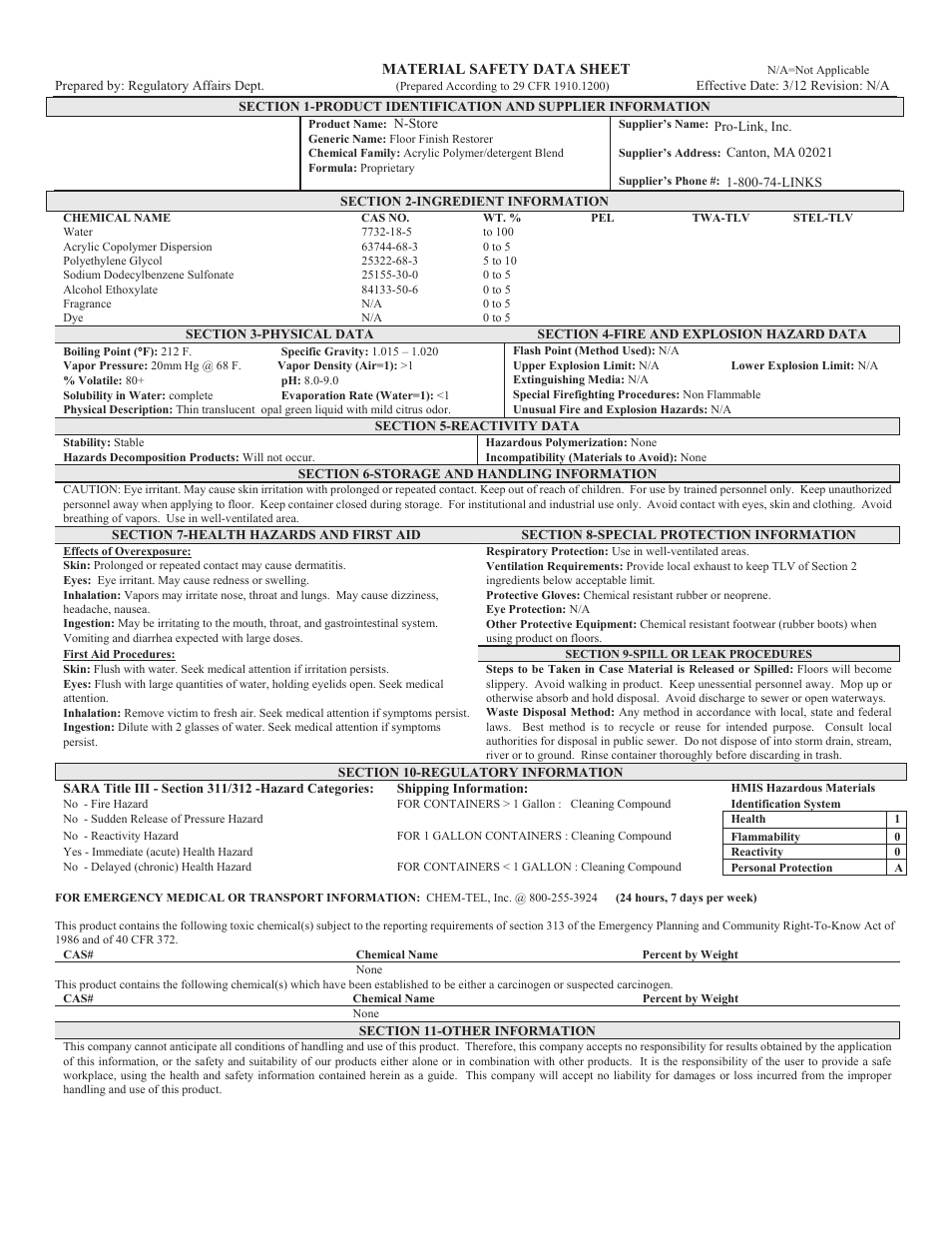 Pro-Link N-Store MSDS B14100 User Manual | 1 page