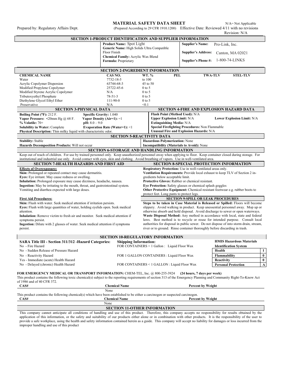 Pro-Link Spotlight B14086 User Manual | 1 page