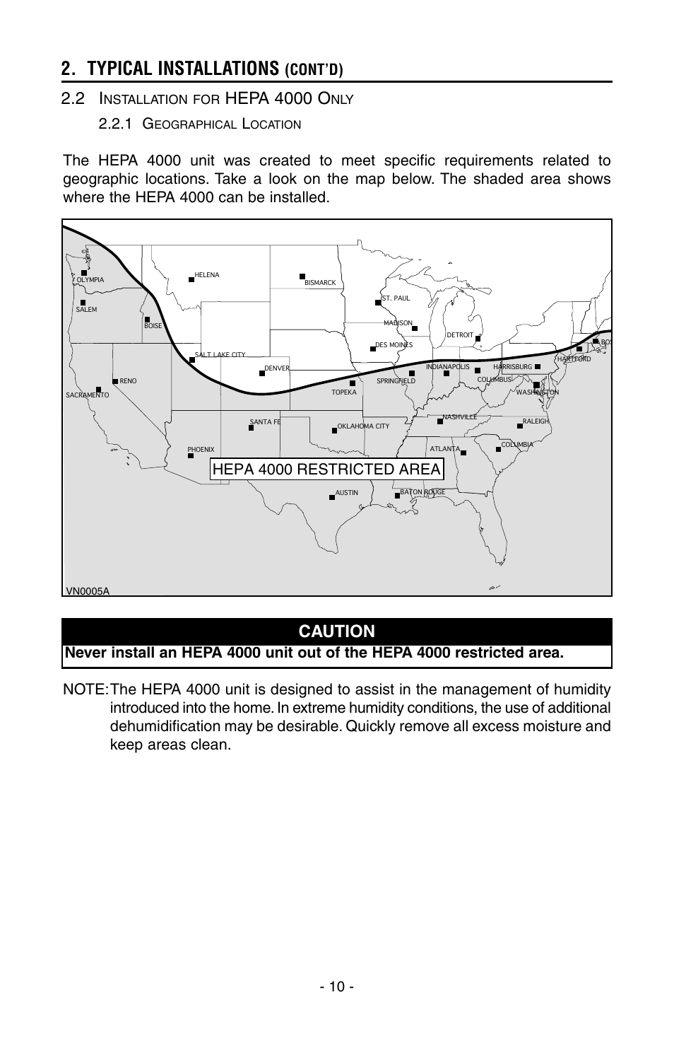 Typical installations, Hepa 4000 o, Caution | Hepa 4000 restricted area, Nstallation for | Broan HEPA 3000 User Manual | Page 10 / 38