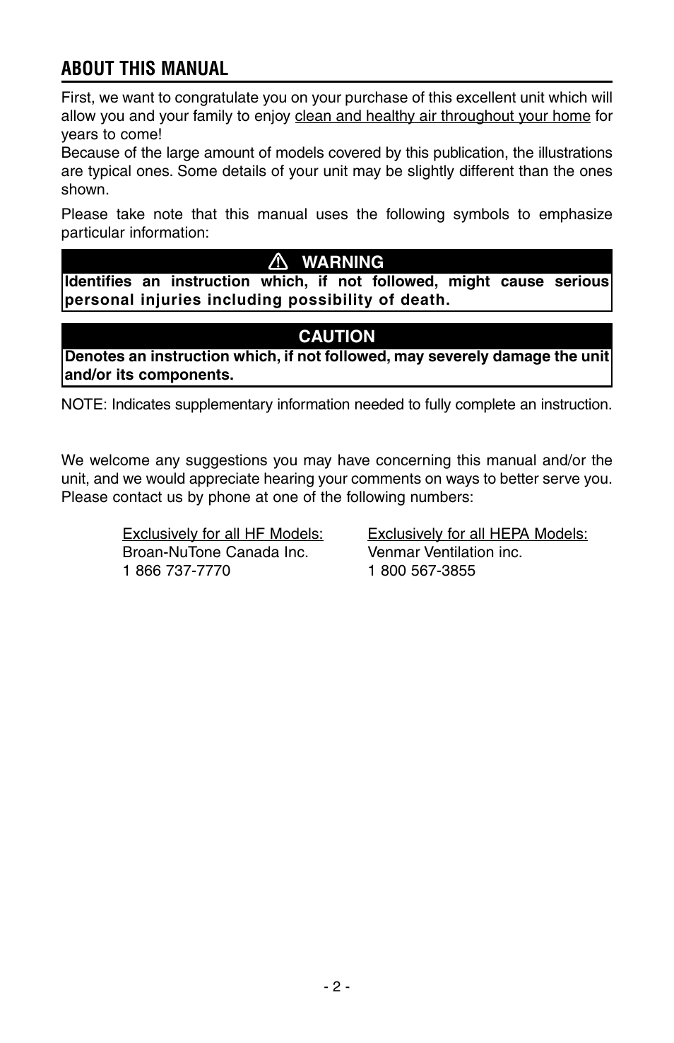 About this manual | Broan HEPA 3000 User Manual | Page 2 / 38