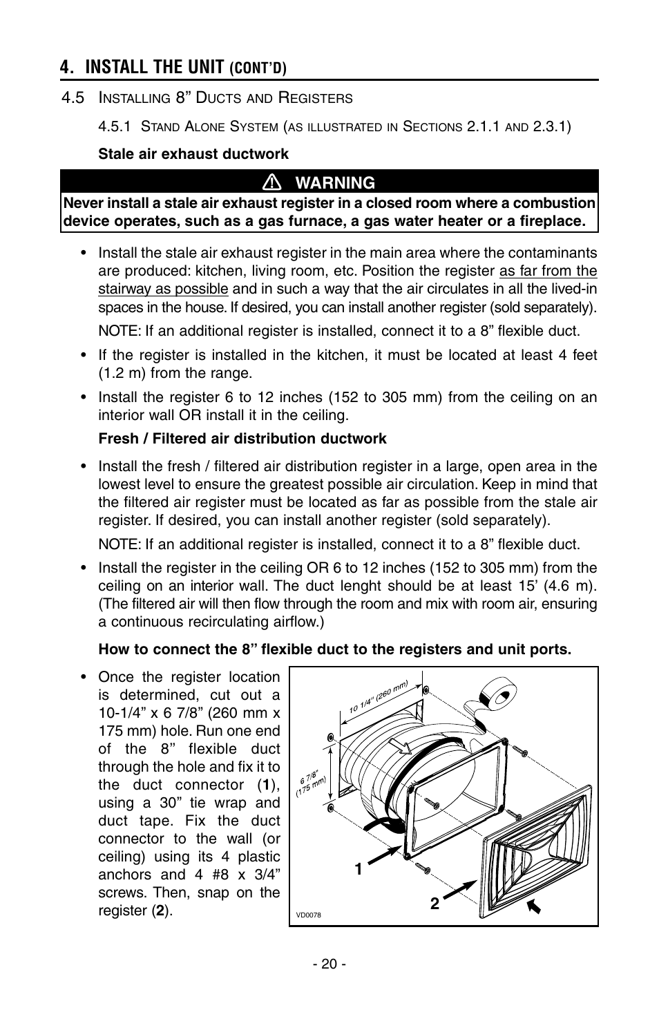 Install the unit, 8’’ d, Warning | Broan HEPA 3000 User Manual | Page 20 / 38