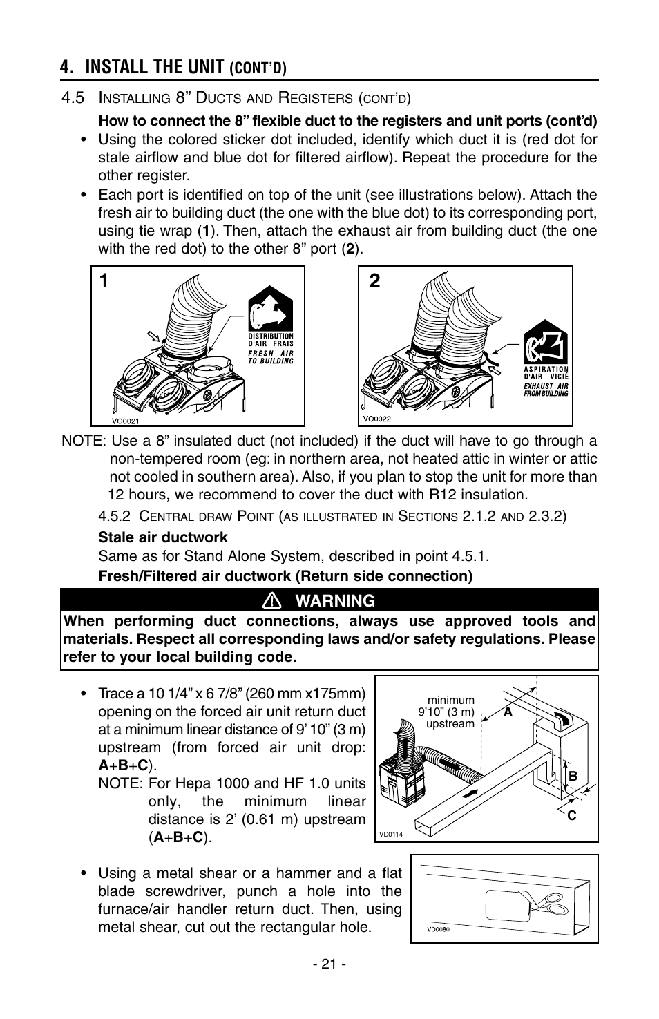 Install the unit, 8’’ d, Warning | Broan HEPA 3000 User Manual | Page 21 / 38