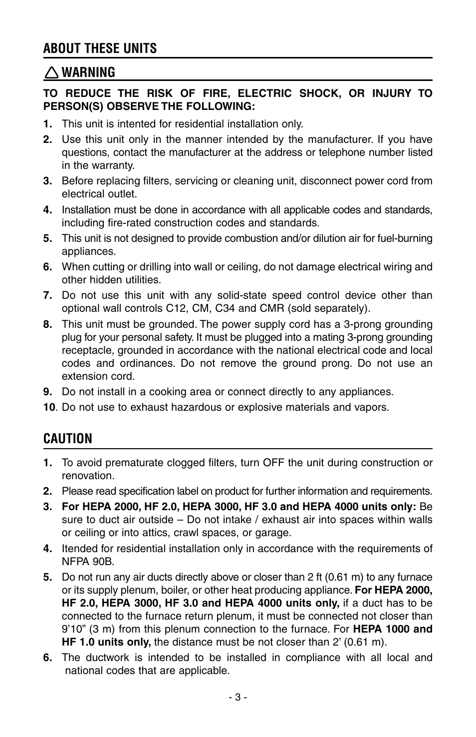 Caution, Warning about these units | Broan HEPA 3000 User Manual | Page 3 / 38