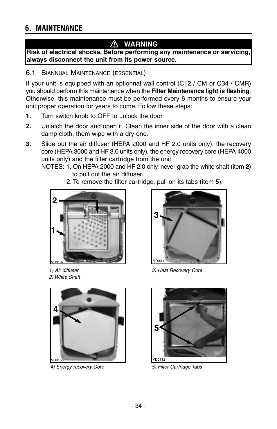 Maintenance, Warning | Broan HEPA 3000 User Manual | Page 34 / 38