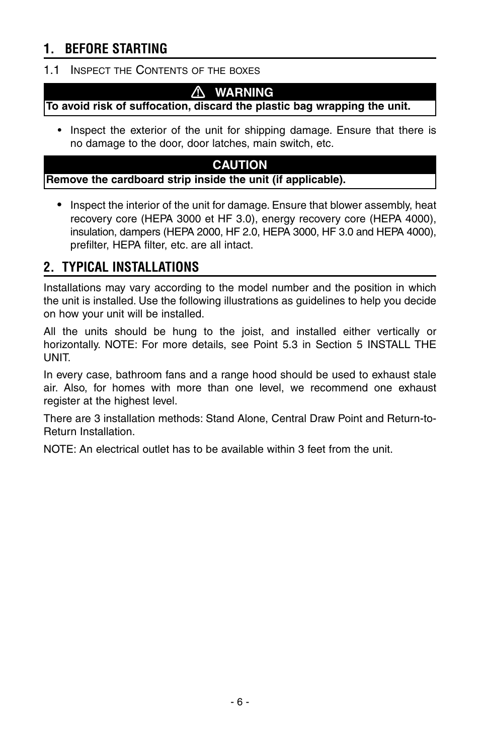 Before starting, Typical installations | Broan HEPA 3000 User Manual | Page 6 / 38