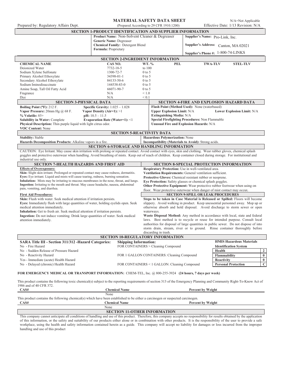 Pro-Link #13 Non-Solvent Cleaner, Degreaser B14210 User Manual | 1 page