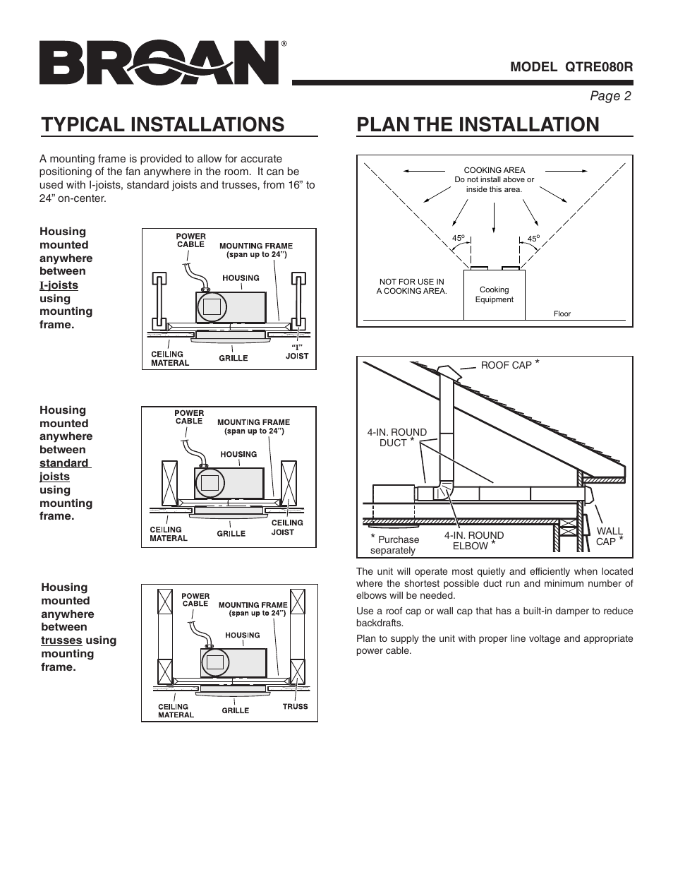 Typical installations, Plan the installation, Page 2 model qtre080r | Broan ULTRA SILENT QTRE080R User Manual | Page 2 / 8