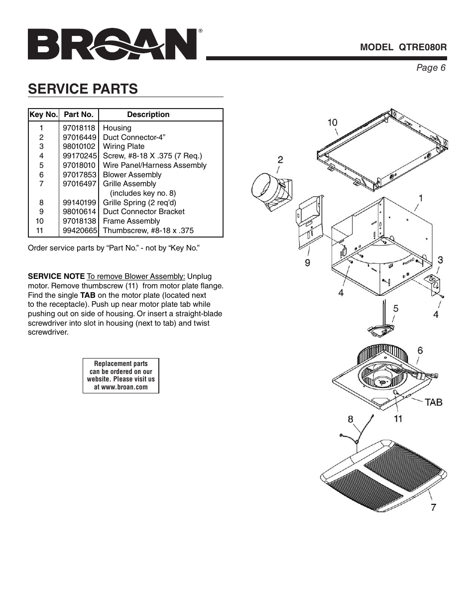Service parts | Broan ULTRA SILENT QTRE080R User Manual | Page 6 / 8