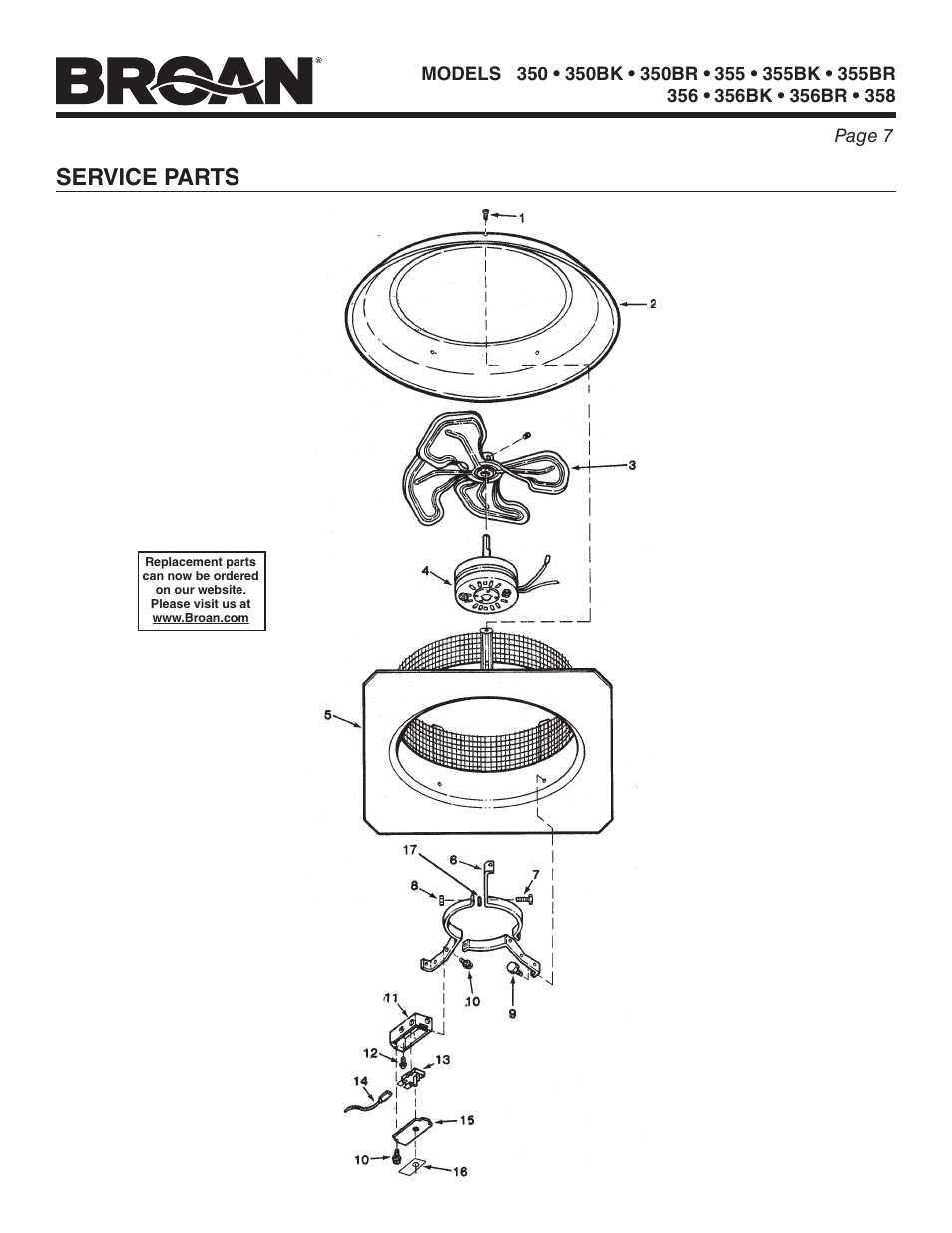 Service parts | Broan 356 User Manual | Page 7 / 8