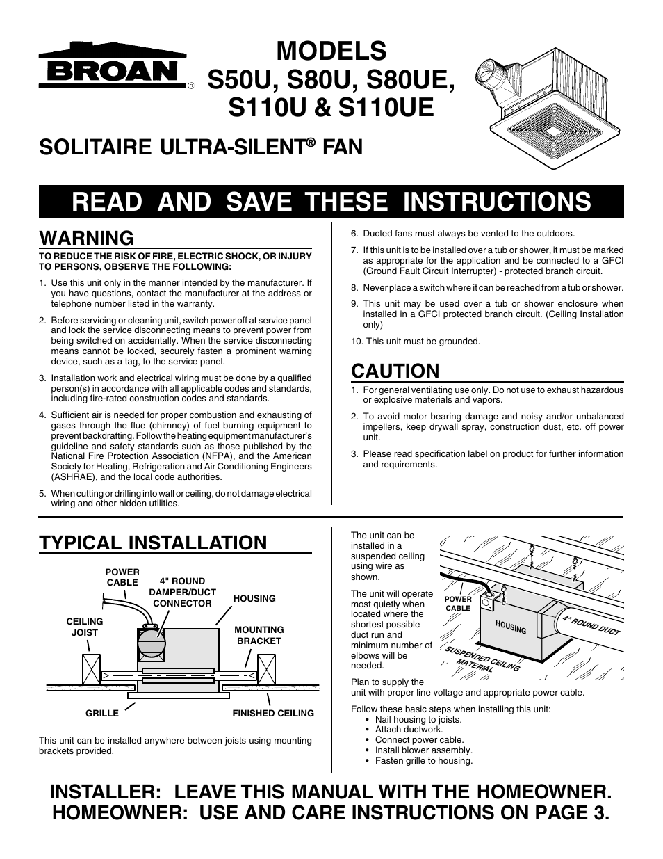 Broan S80UE User Manual | 8 pages