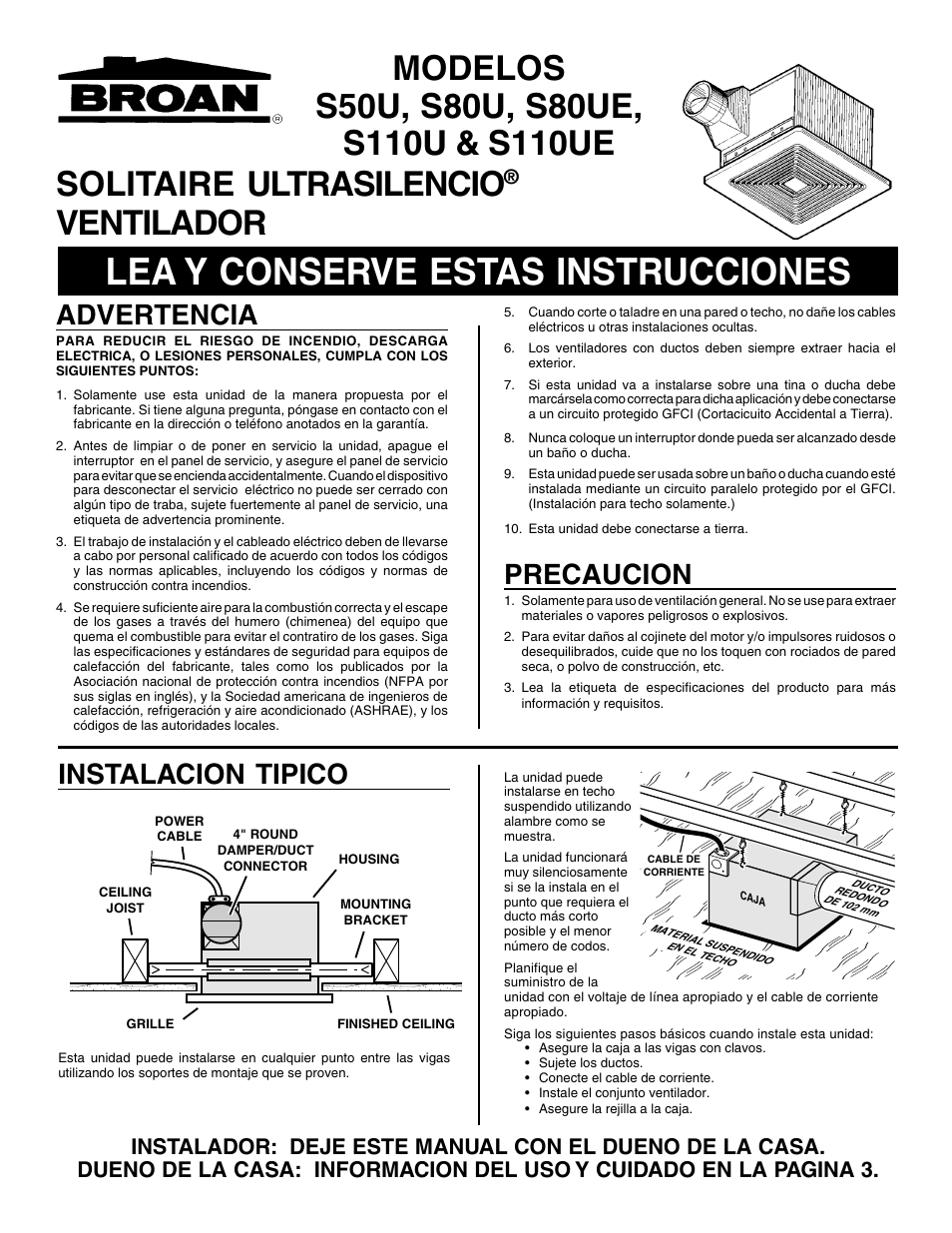 Lea y conserve estas instrucciones, Solitaire ultrasilencio, Ventilador | Advertencia, Precaucion, Instalacion tipico | Broan S80UE User Manual | Page 5 / 8