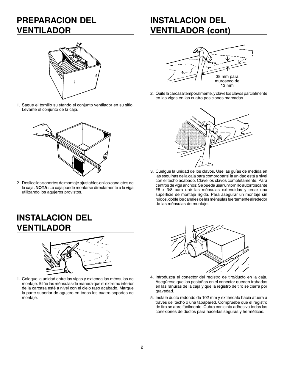 Preparacion del ventilador, Instalacion del ventilador, Instalacion del ventilador (cont) | Broan S80UE User Manual | Page 6 / 8