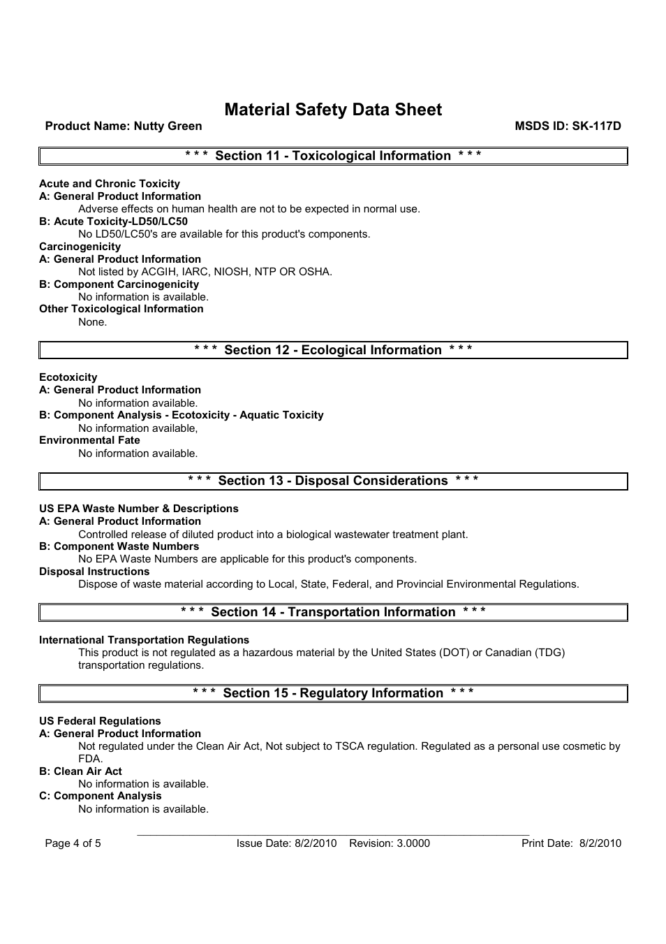 Material safety data sheet | Pro-Link Nutty Green 99022499 User Manual | Page 4 / 5
