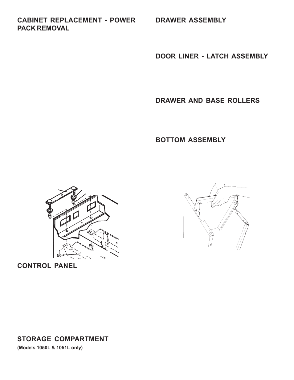 Drawer assembly, Door liner - latch assembly, Drawer and base rollers | Bottom assembly, Cabinet replacement - power pack removal, Control panel, Storage compartment | Broan 1059-C User Manual | Page 5 / 12