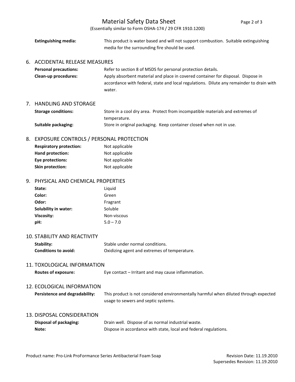 Material safety data sheet | Pro-Link ProFormance Series Antibacterial Foam Soap TA1200 User Manual | Page 2 / 3