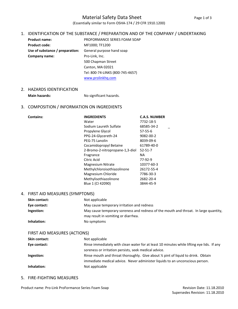 Pro-Link ProFormance Series Foam Soap TF1200 User Manual | 3 pages