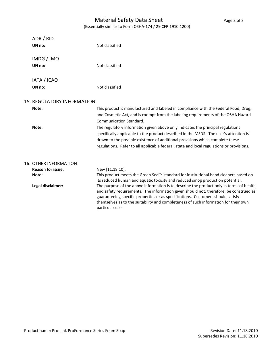 Material safety data sheet | Pro-Link ProFormance Series Foam Soap TF1200 User Manual | Page 3 / 3