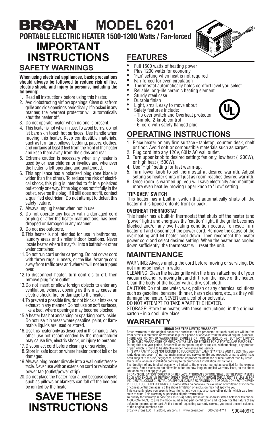 Broan 6201 User Manual | 2 pages