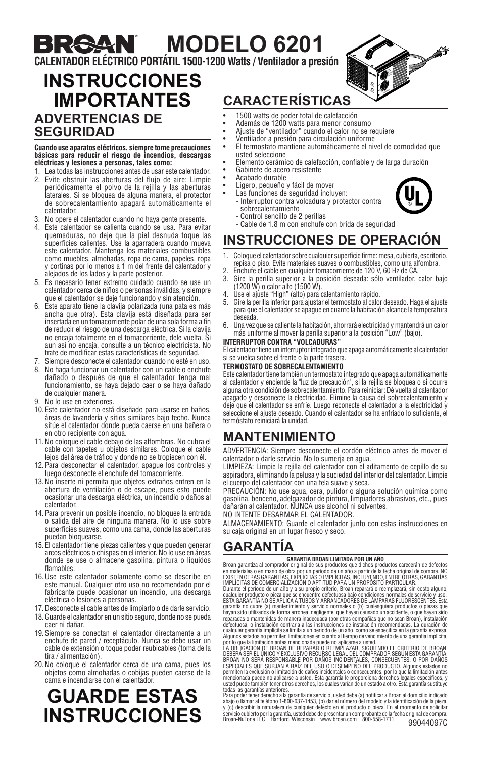 Modelo 6201, Instrucciones importantes, Guarde estas instrucciones | Garantía, Advertencias de seguridad, Características, Instrucciones de operación, Mantenimiento | Broan 6201 User Manual | Page 2 / 2