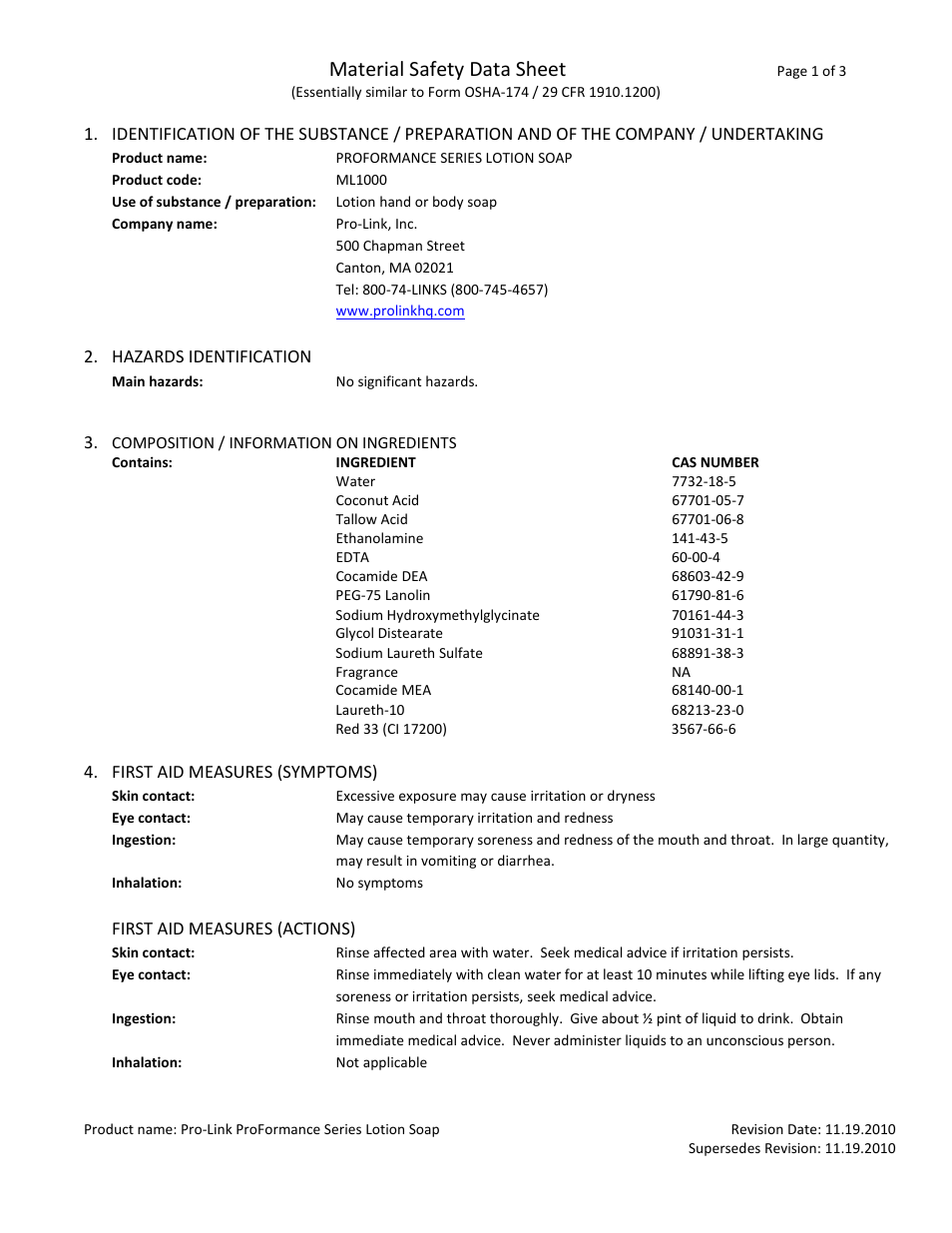 Pro-Link ProFormance Series Lotion Soap ML1000 User Manual | 3 pages
