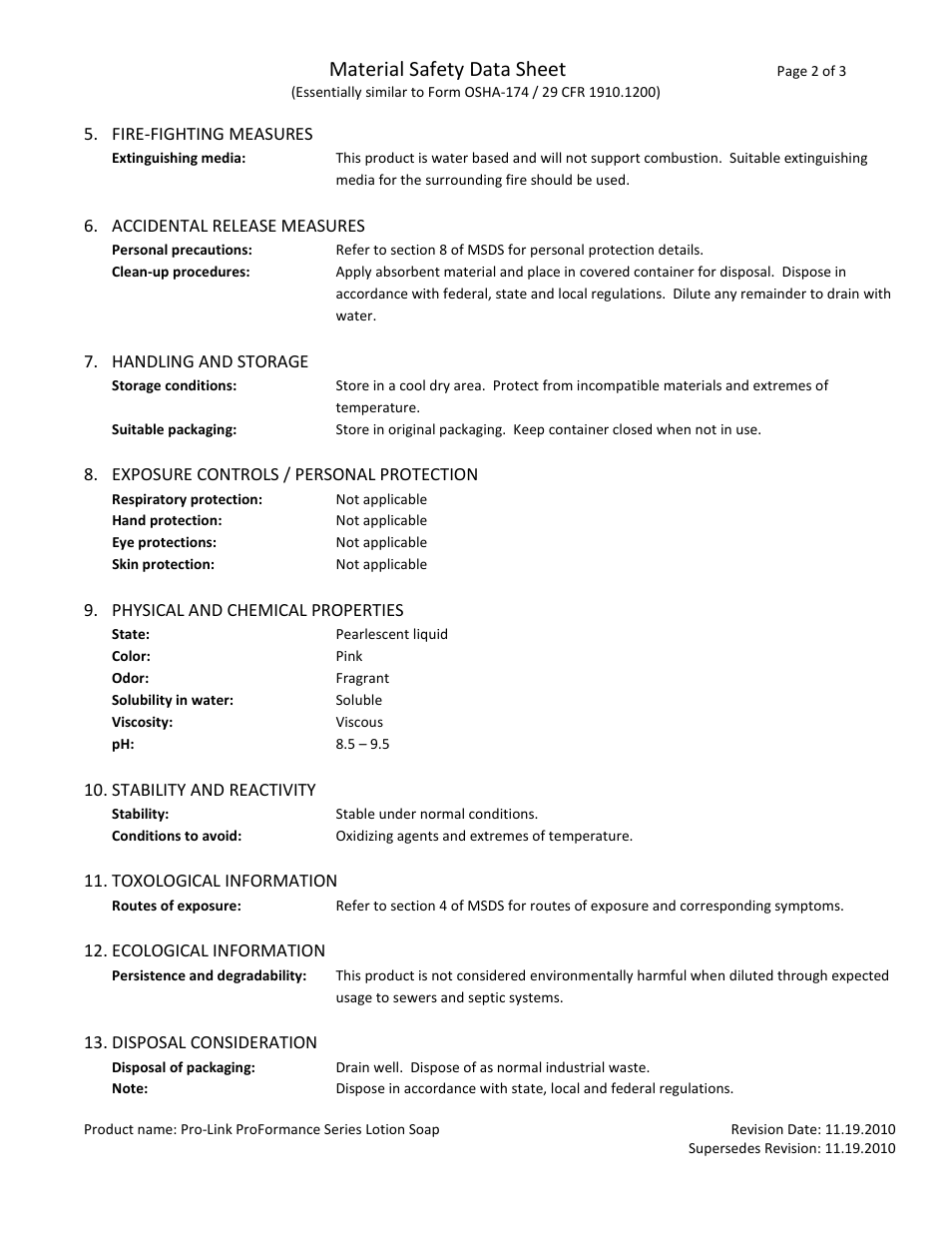 Material safety data sheet | Pro-Link ProFormance Series Lotion Soap ML1000 User Manual | Page 2 / 3