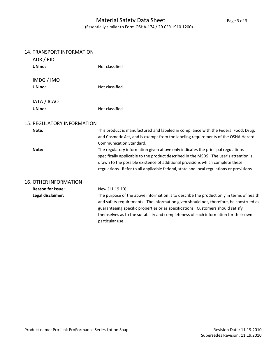 Material safety data sheet | Pro-Link ProFormance Series Lotion Soap ML1000 User Manual | Page 3 / 3