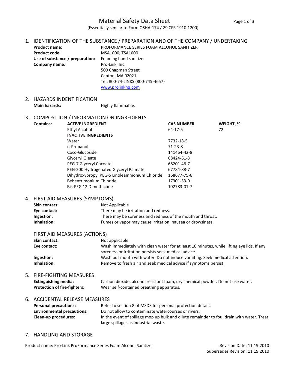 Pro-Link ProFormance Series Foam Alcohol Sanitizer TSA1000 User Manual | 3 pages
