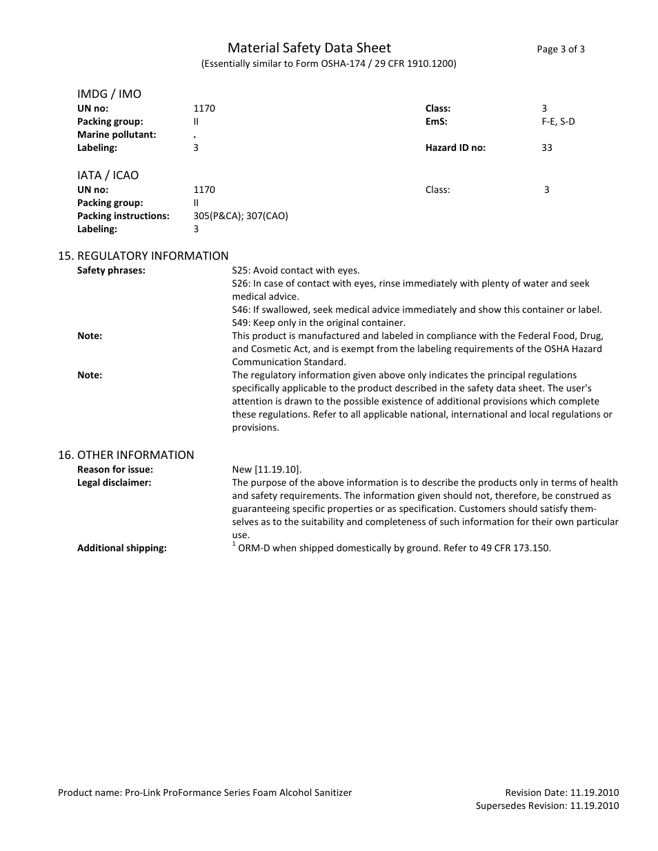 Material safety data sheet | Pro-Link ProFormance Series Foam Alcohol Sanitizer TSA1000 User Manual | Page 3 / 3