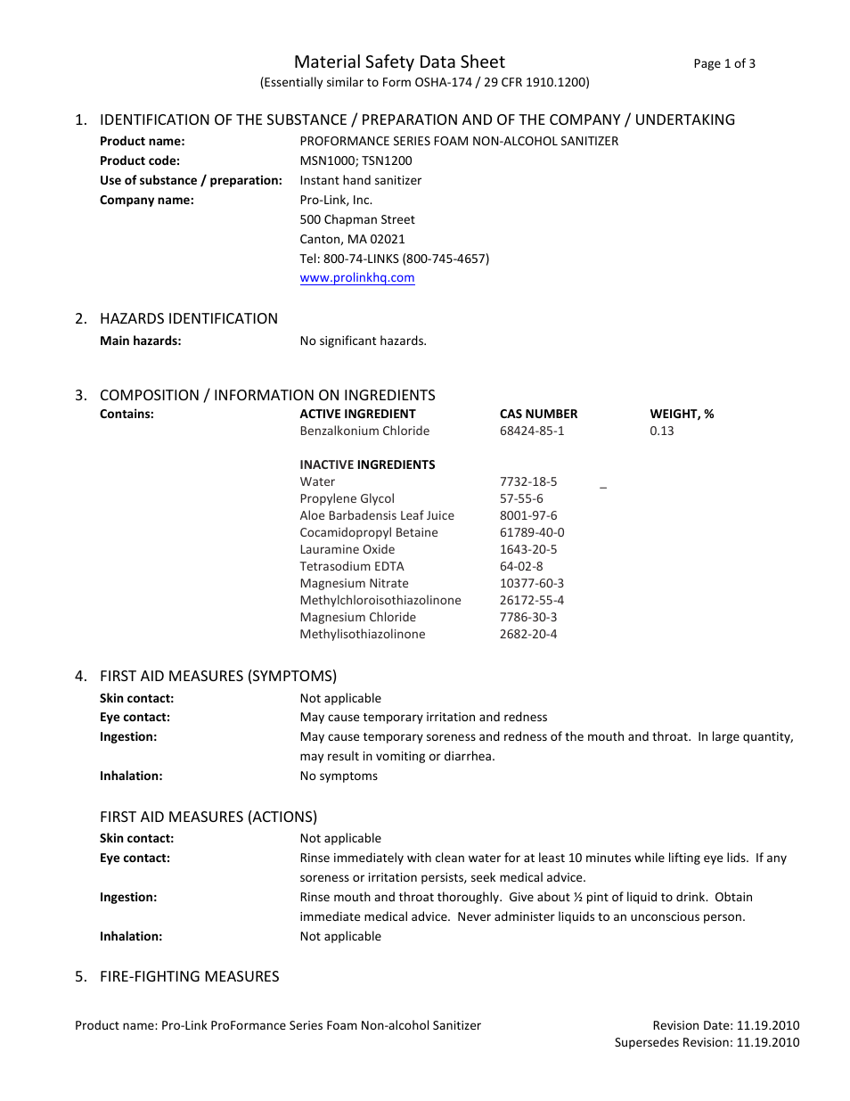 Pro-Link ProFormance Series Foam Non-Alcohol Sanitizer TFN1000 User Manual | 3 pages