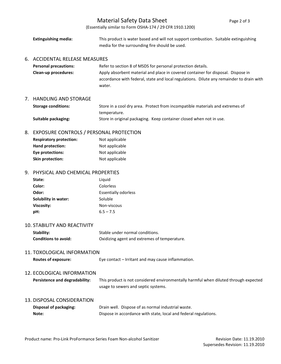 Material safety data sheet | Pro-Link ProFormance Series Foam Non-Alcohol Sanitizer TFN1000 User Manual | Page 2 / 3