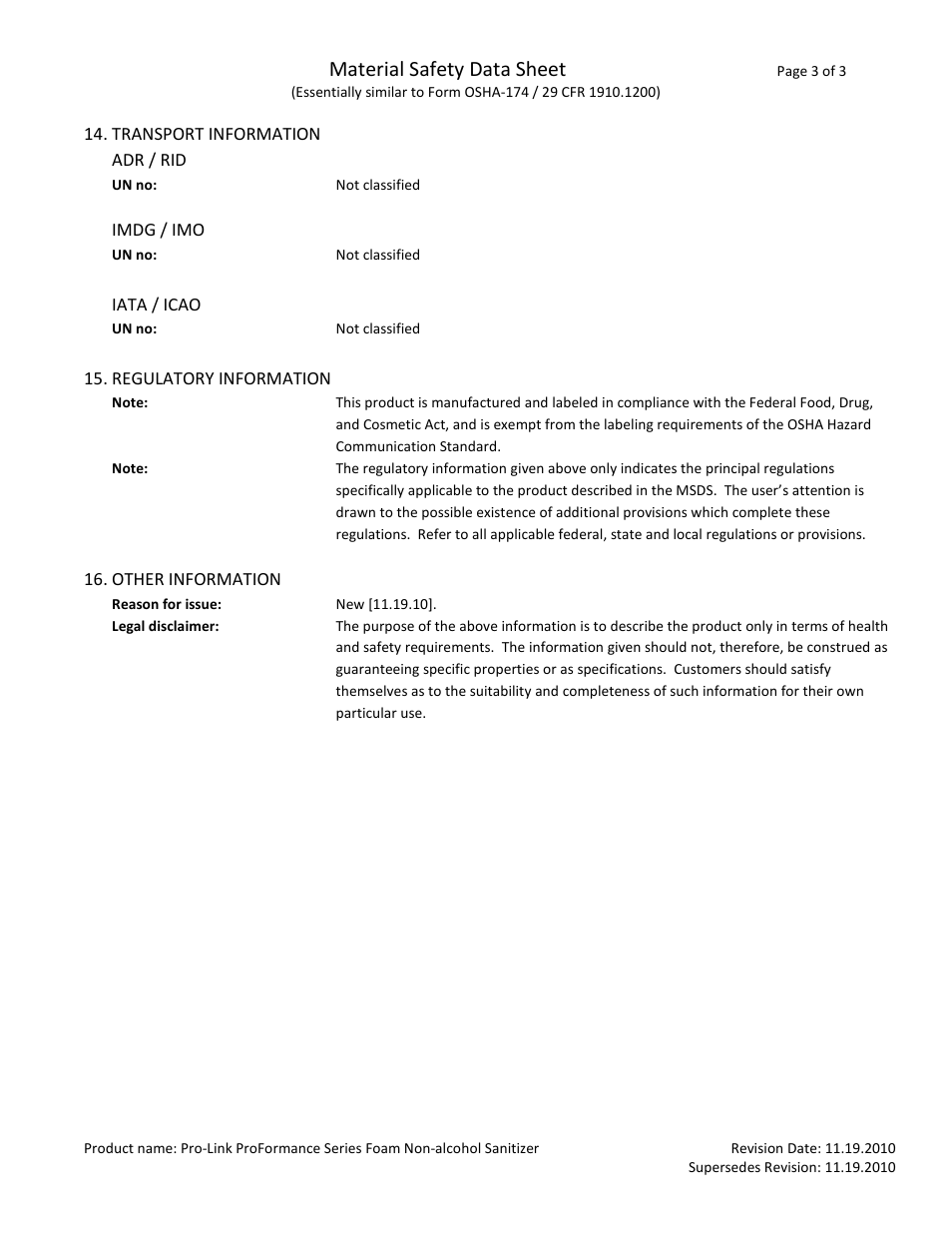 Material safety data sheet | Pro-Link ProFormance Series Foam Non-Alcohol Sanitizer TFN1000 User Manual | Page 3 / 3