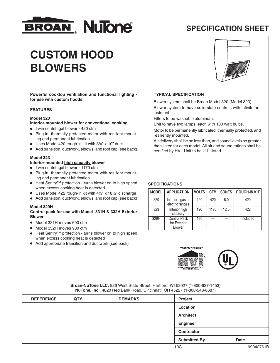 Broan 320 User Manual | 2 pages