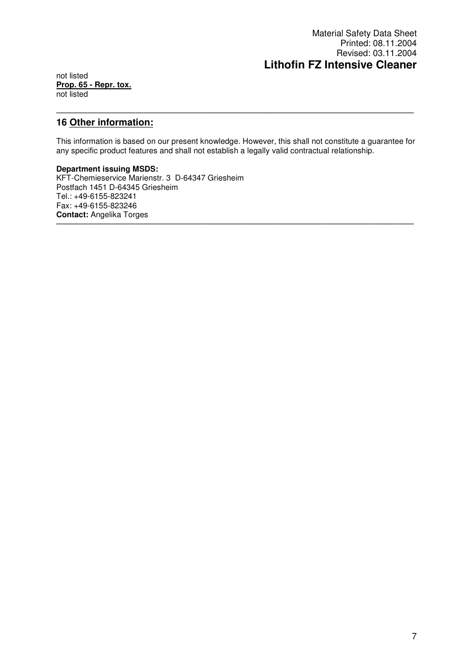 Lithofin fz intensive cleaner | Pro-Link Lithofin FZ Intensive Cleaner 120022 User Manual | Page 7 / 7