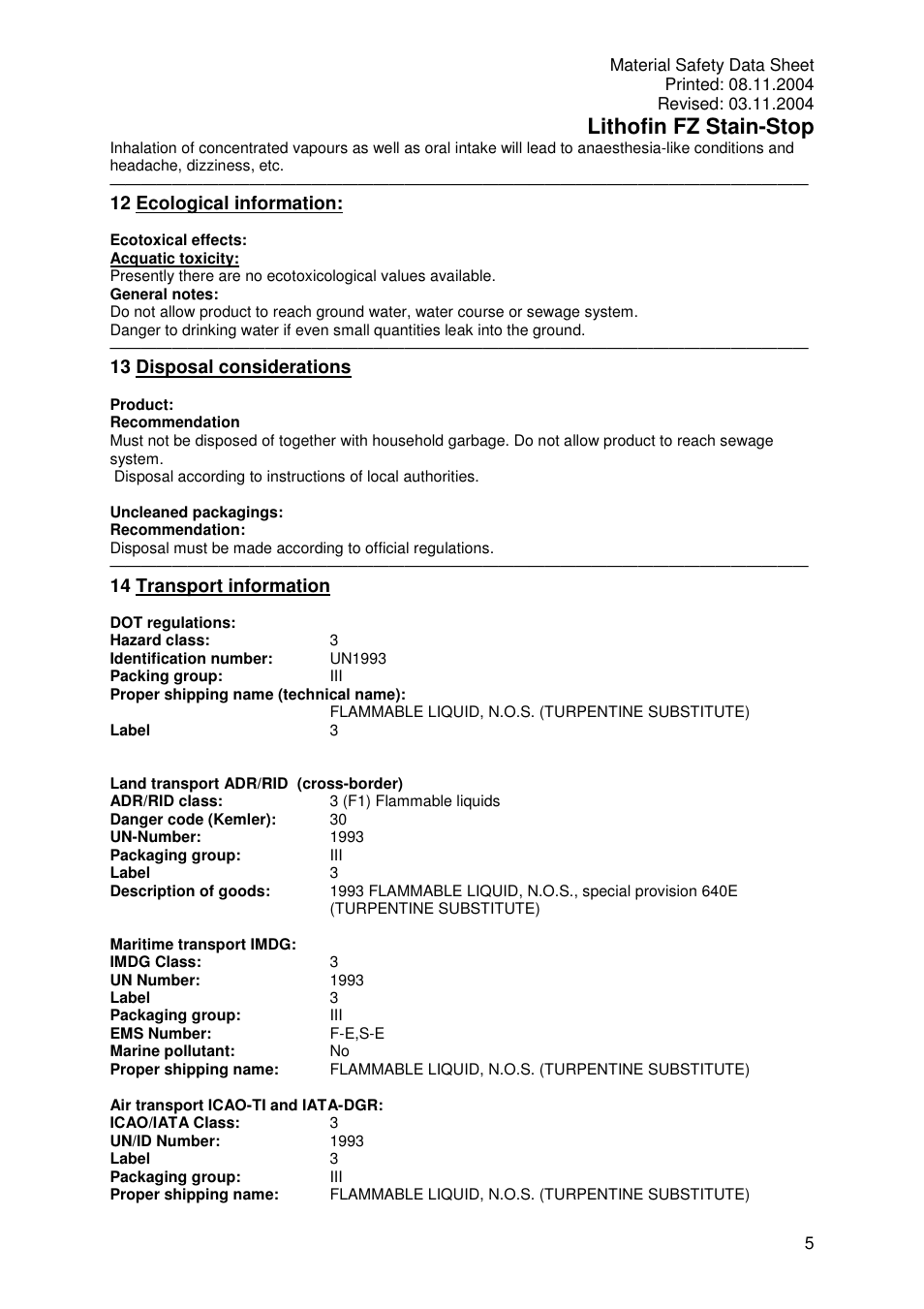 Lithofin fz stain-stop, 12 ecological information, 13 disposal considerations | 14 transport information | Pro-Link Lithofin FZ Stain-Stop 120024 User Manual | Page 5 / 7