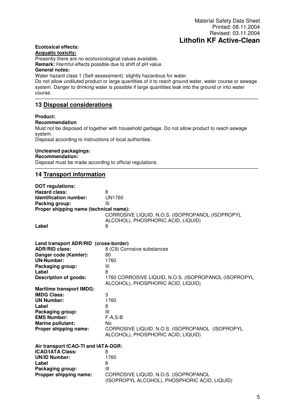 Lithofin kf active-clean, 13 disposal considerations, 14 transport information | Pro-Link Lithofin KF Active-Clean 120019 User Manual | Page 5 / 6