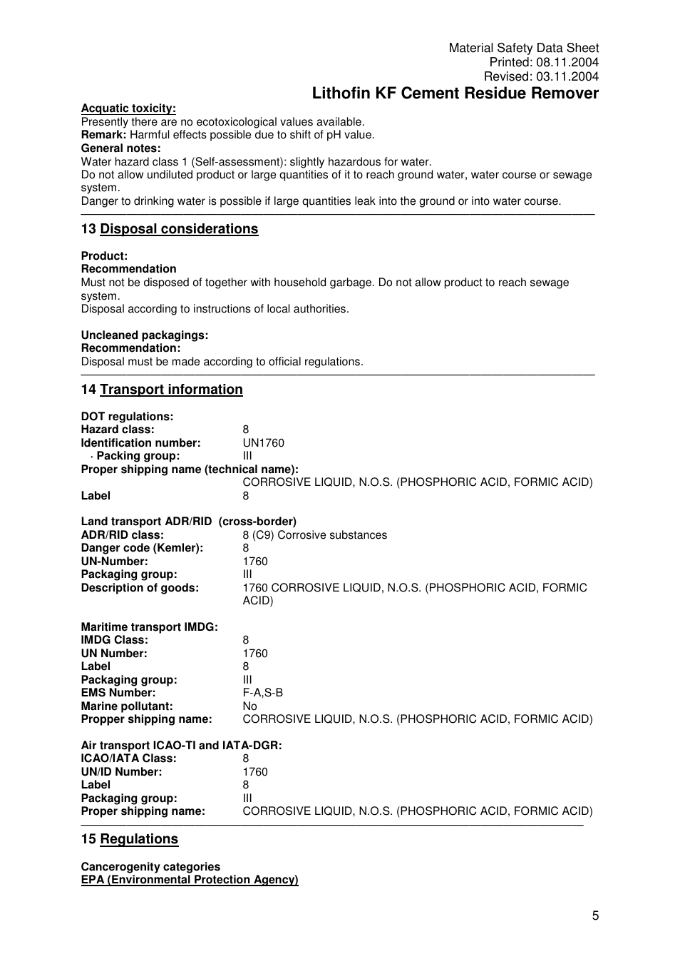 Lithofin kf cement residue remover, 13 disposal considerations, 14 transport information | 15 regulations | Pro-Link Lithofin KF Cement Residue Remover 120014 User Manual | Page 5 / 6
