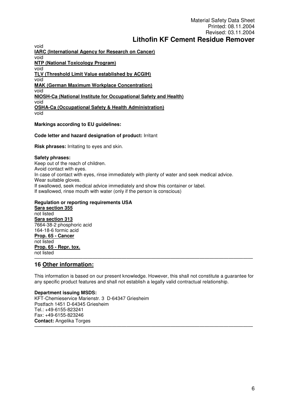 Lithofin kf cement residue remover | Pro-Link Lithofin KF Cement Residue Remover 120014 User Manual | Page 6 / 6