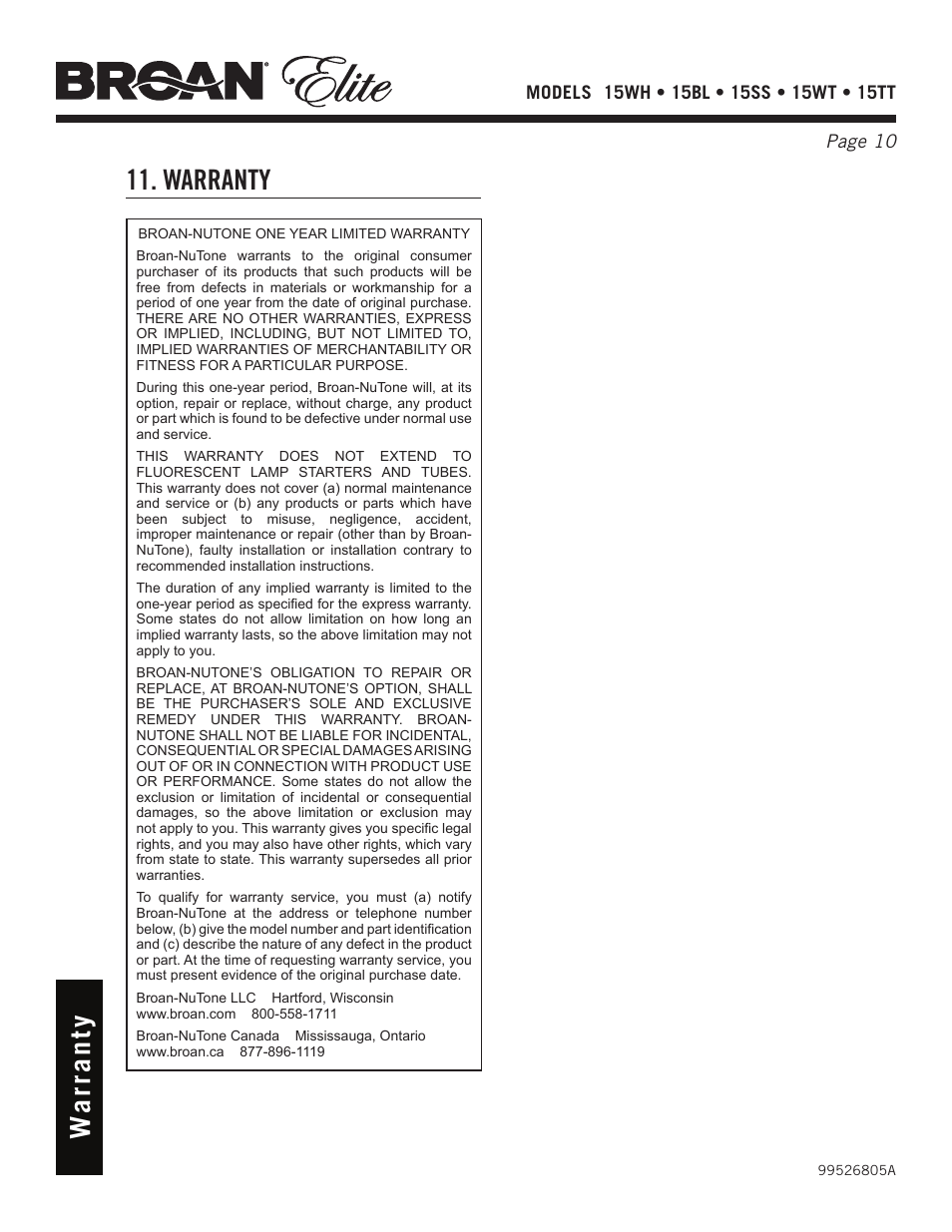 Wa rr a n ty 11. warranty | Broan Elite 15WH User Manual | Page 10 / 32