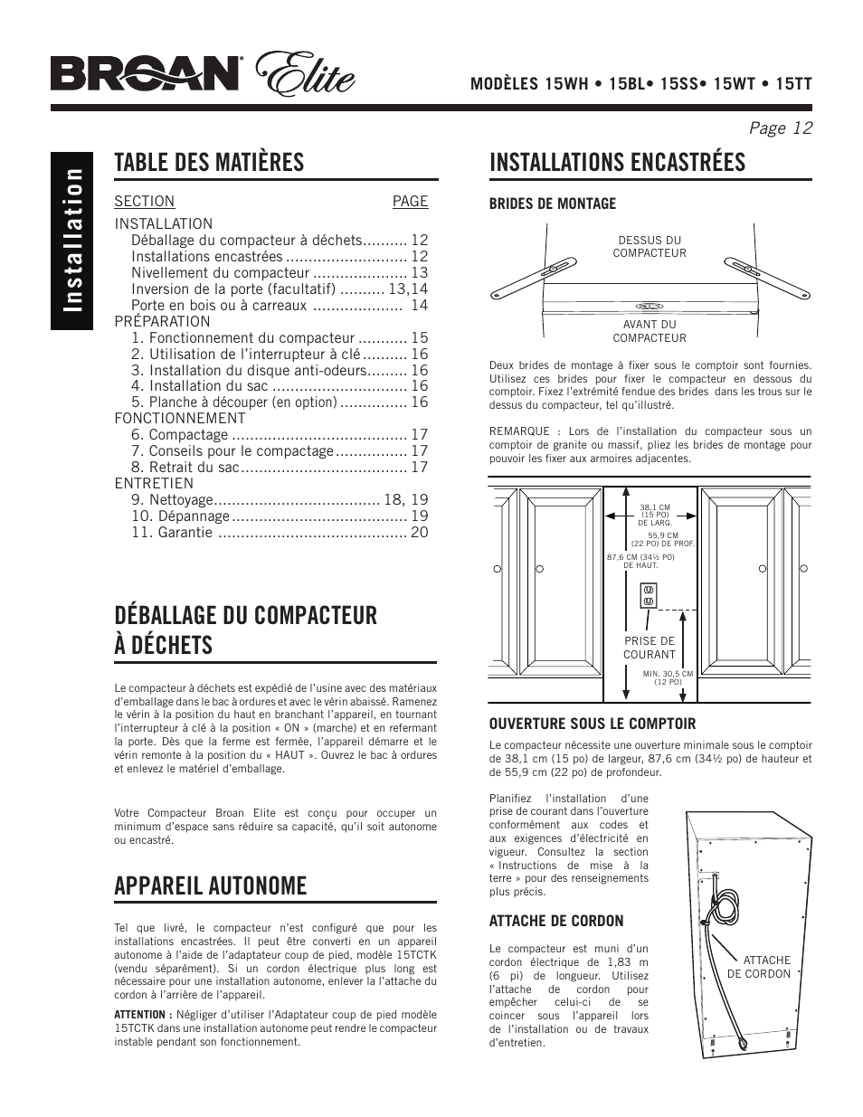 Broan Elite 15WH User Manual | Page 12 / 32