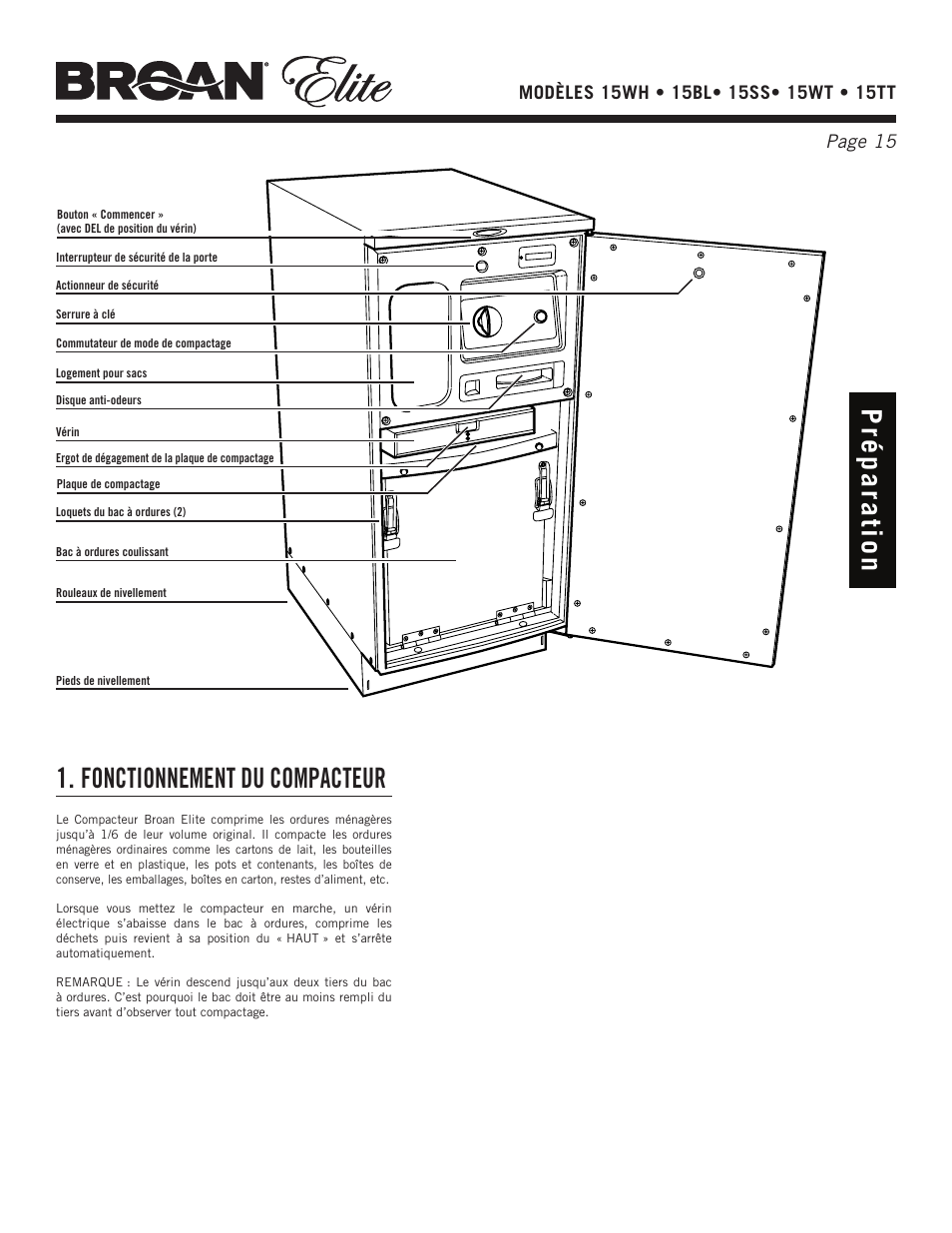 Pré p a ra tio n 1. fonctionnement du compacteur | Broan Elite 15WH User Manual | Page 15 / 32